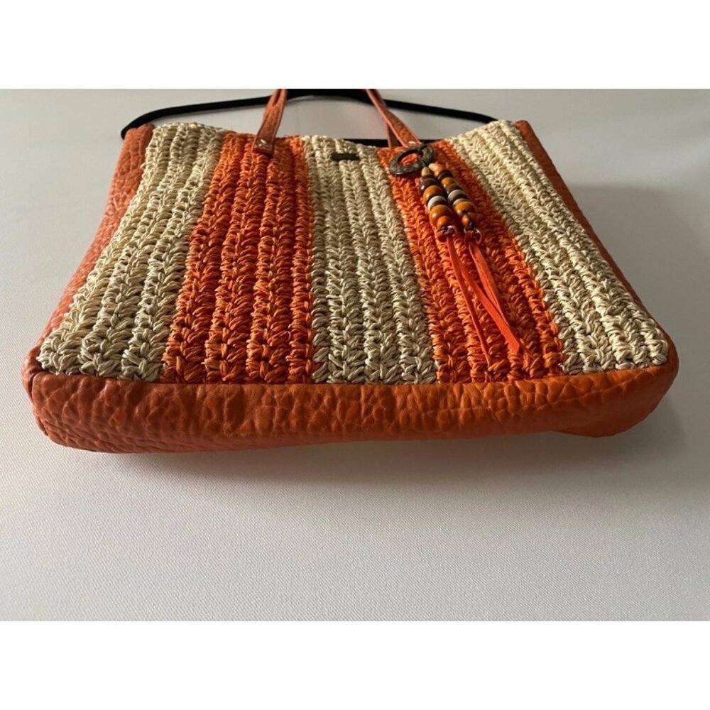 Sun N' Sand Womens Orange & Beige Beach Chic Crochet Shoulder Tote Bag - Picture 5 of 13